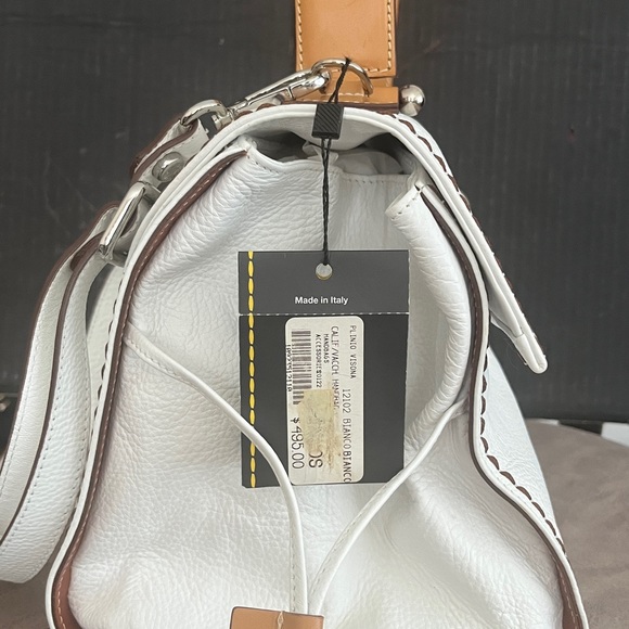 Plinio Visona Handbag. All White Italian Leather Bag with Brown Leather Trim. - Picture 13 of 13